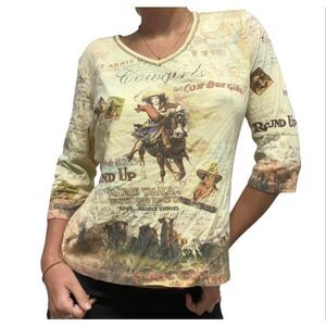 Cactus Vintage Y2K Yellow All Over Print Cowgirl Western Tee Small Retro Wild We